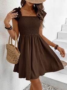 SHEIN Frenchy Women's Simple Solid Color Ruffle Hem A-Line Summer Dress,Casual Dresses For Women - Coffee Brown - View 5