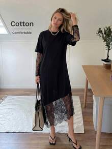 Easowa Đầm ren cổ tròn tay ngắn màu trơn, dáng rộng, thoải mái, thích hợp cho các buổi đi chơi và đi làm, trang phục sân bay, đầm dành cho phụ nữ trung niên, đầm dự tiệc, đầm đồng phục giáo viên, đầm thanh lịch cho phụ nữ - màu đen - Xem 3