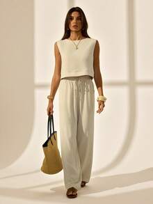 SHEIN Tall Women's 2pcs Linen Set,Sleeveless Crew Neck Back Button Top And Pants,French Summer Chic,Elegant Casual Off-White Holiday Vacation,Resort Outfits - Apricot - View 1