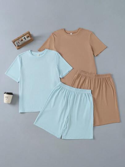 SHEIN Bộ đồ ngủ ngắn tay cổ tròn tối giản 4 món dành cho bé trai tuổi teen, chất liệu lụa băng, thoải mái, thân thiện với da, ôm sát, phong cách thường ngày, kiểu học sinh, thiết thực, vải mềm mại, phù hợp cho mặc hàng ngày, kỳ nghỉ, mùa xuân/hè, mặc ở nhà.