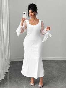 Elenzga Plus Size Elegant White Pearl Decor Square Collar Petal Sleeve Fitted Mermaid Dress Fall - White - View 3