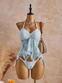 Bellisia 26SS Spring/Summer Vacation Beach White Lace Floral Trim Cute Sweet Bow Bikini Set, 2pcs - Pink - View 1