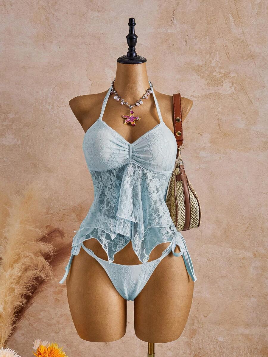 Bellisia 26SS Spring/Summer Vacation Beach White Lace Floral Trim Cute Sweet Bow Bikini Set, 2pcs - Pink - View 1