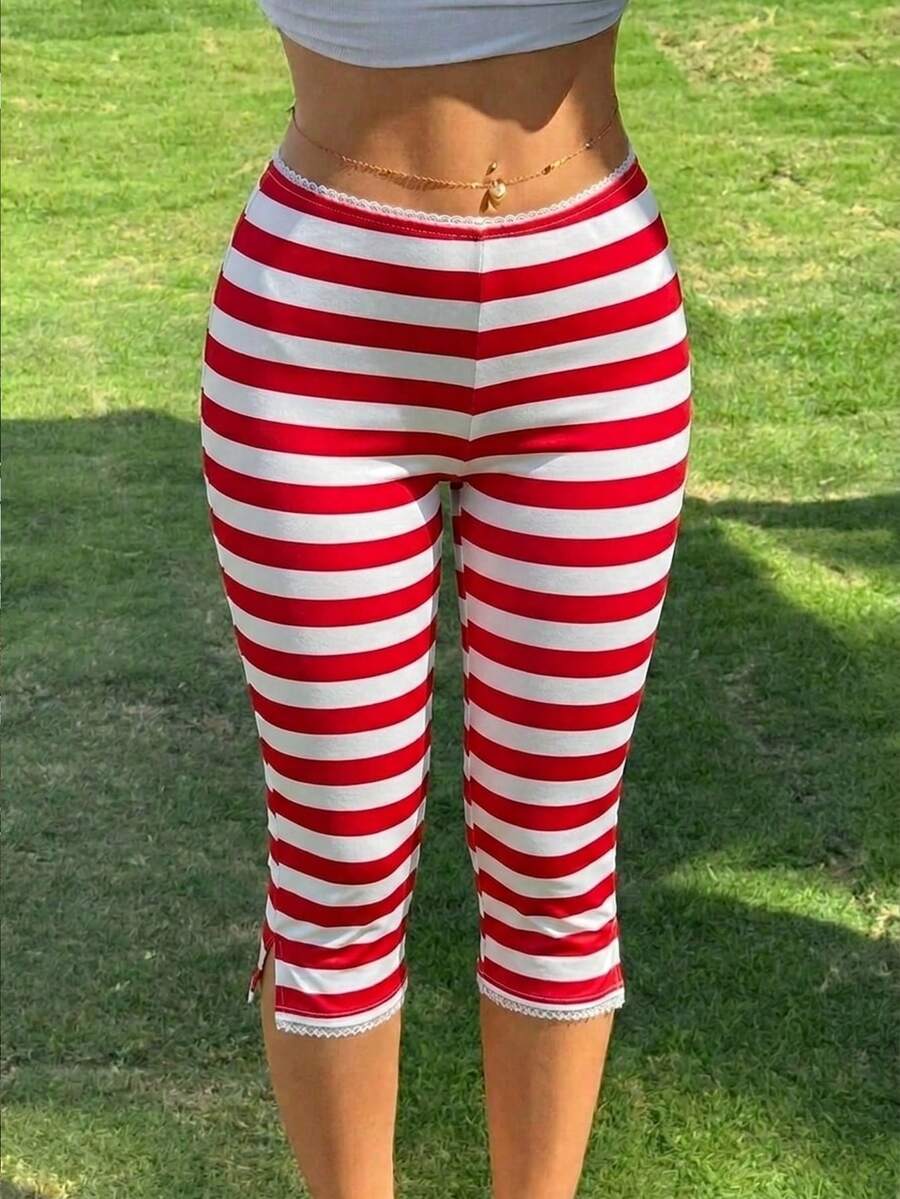 SHEIN EZwear Quần legging nữ dài đến khuỷu tay (7/8) ôm sát, quần tất nữ, sọc đỏ trắng, trang phục mùa hè cho nữ. - Nhiều màu - Xem 1