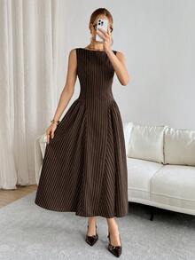 Siren Gaze Women's Striped Round Neck Sleeveless Dress - Coffee Brown - View 6
