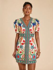SHEIN TRVLCHIC 热带印花度假风V领短袖夏季连衣裙 - 彩色 - 查看 6