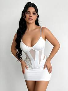 Zyxie Spaghetti Strap Mesh Patchwork Hollow Out Design Bodycon Mini Dress For Women - White - View 5