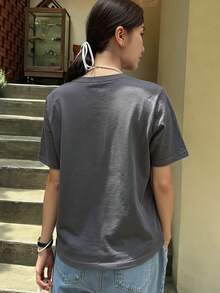 DAZY 女士纯色休闲圆领短袖T恤，夏季 - 深灰色 - 查看 2
