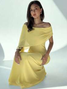 Aloruh Elegant Yellow Summmer Tropical Cocktail Maxi Dress,Off-Shoulder Boat Neck Flowy Mermaid Hem Design Birthday Party Gown Suitable For Wedding Guests - Yellow - View 4