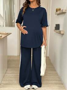 SHEIN 2pcs/Set Maternity Patchwork Round Neck Top And Adjustable Waist Wide Leg Pants, Casual Daily Wear - Blue - View 4