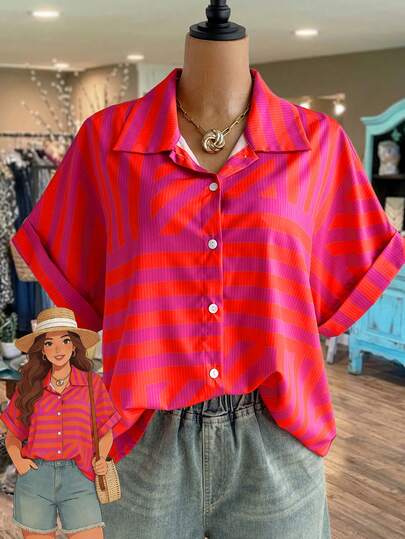 Rusticease 大码女式夏季度假印花纽扣短袖衬衫