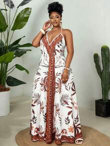 Maweii Gaun Kasual Ukuran Besar untuk Liburan, Motif Bunga, Leher Halter, Warna Cokelat untuk Olahraga Musim Panas - MultiWarna - View 3