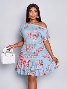 Elegant Mini Dress For Parties And Daytime Events, Featuring An Asymmetrical Neckline, Long Sleeves, Gathered Details, And A Double Ruffle, Made Of Apricot-Colored Knit Fabric For Women. - 磨砂黑 - 查看 5
