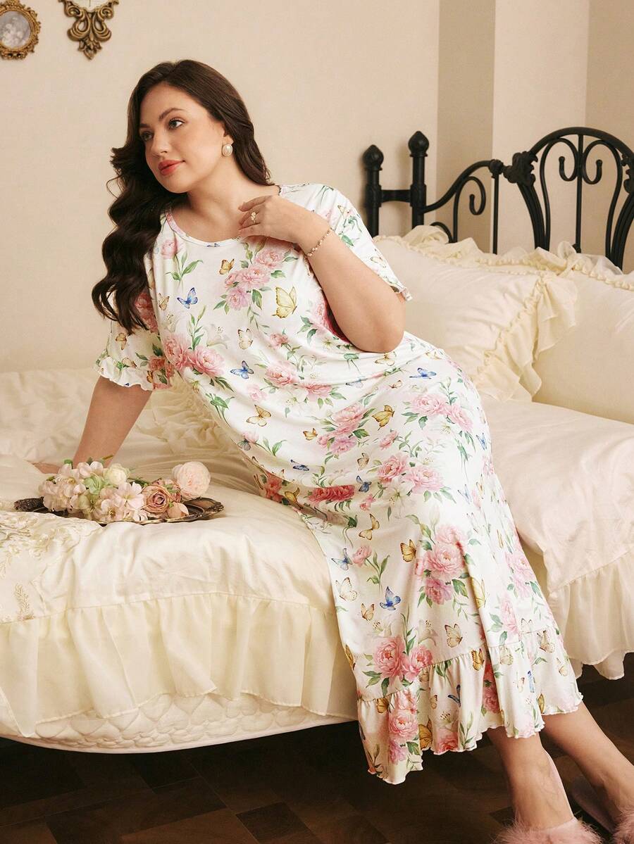 Côtesoire Plus Size Comfortable & Elegant Floral Print Ruffle Hem Nightgown, Summer - Multicolor - View 1