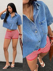 Rivivi Chaqueta vaquera de manga corta de unicolor para mujer - Azul - Ver 1