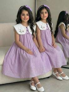 SHEIN Đầm không tay rộng rãi thêu hoa dành cho bé gái tuổi teen - Đỏ - Xem 1