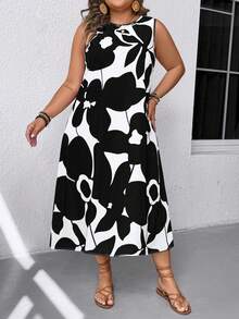 EMERY ROSE Plus Size Round Neck Sleeveless Contrast Color All-Over Print Loose Casual Summer Dress - Black and White - View 3