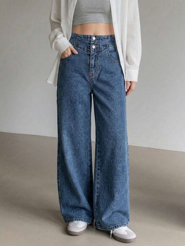 Women's Pocket Button Casual Versatile Daily Wear Wide Leg Jeans Vacation Outfits Women