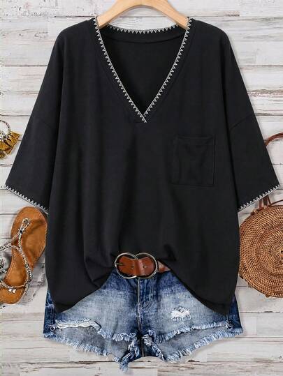 EMERY ROSE Shell Embroidery Casual Minimalist Plus Size T-Shirt, Suitable For Summer