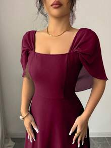 Modelyn Women's Square Neck Waist Gathered A-Line Long Dress, Elegant Romantic Everyday Wear - Burgundy - View 5