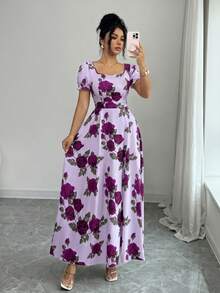 SHEIN Elenzya 女士花卉玫瑰印花方领褶皱A字泡泡袖连衣裙，优雅日常/度假/通勤时尚之选，适合情人节、约会、法式街头风、复古风、派对等场合，白色底色搭配红色玫瑰图案，早春/春夏新款中长连衣裙 - 紫色 - 查看 5