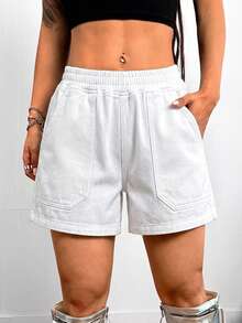 Teen Girl Y2K Light Fashionable Light Washed Elastic Waist Fitted Baggy Denim Shorts, Suitable For Summer, Back To School, Graduation - White - View 3