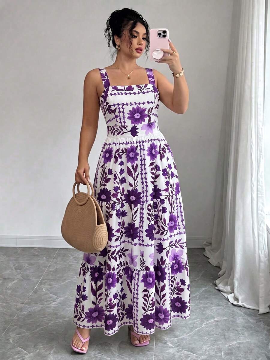 SHEIN Elenzya 大码女式紫色碎花方领收腰修身A字连衣裙,蝴蝶结系带露背休闲中长连衣裙,适合日常、通勤、度假、春夏穿着。 - 紫色 - 查看 1