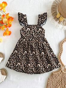 SHEIN Đầm dệt họa tiết da báo cổ vuông viền bèo nhún kiểu dáng thường ngày cho bé gái - Nhiều màu - Xem 3