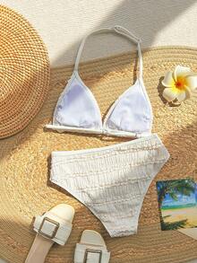 SHEIN Teen GirlNew Solid Color Beige Bikini Set, Minimalist Swimwear Beach Vacation Outfit - Multicolor - View 2