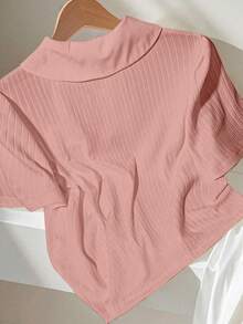 Franclia Kaos Wanita Putih Lengan Pendek Model Longgar Kerah Setengah Tabung Kancing Mutiara, Modis dan Kasual untuk Musim Semi dan Musim Panas - Dusty Pink - View 2