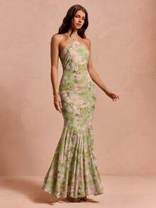 Enchnt Women's Summer Elegant Green Floral Print Chiffon Open Shoulder Halter Long Dress,Vintage Prom Dress,Wedding Guest,Luxury Evening Party Dress - Green - View 7