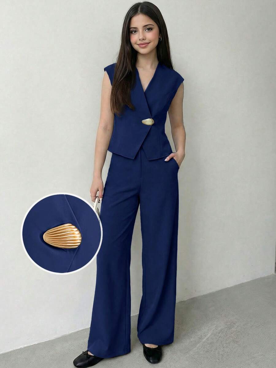 SHEIN 少女两件套：优雅简约休闲通勤日常穿着金属扣短袖露脐上衣和高腰阔腿裤，藏蓝色 - 藏蓝色 - 查看 1
