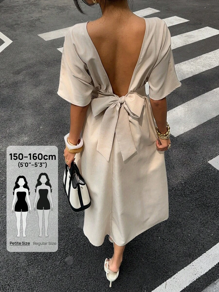 Siren Gaze Petite 女士休闲蝙蝠袖露背系腰连衣裙，适合度假、家庭聚会、婚礼等场合。