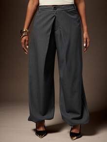 Vixey Pantalones con dobladillo de globo asimétrico de panel dual tejido sólido - Gris - Ver 2