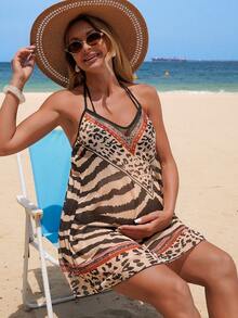Maternity Casual Vacation Zebra Print Ruffle Hem Cover Up Dress - Multicolor - View 5