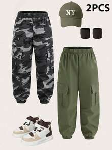 2pcs Tween Boy Casual Cargo Pants,Versatile Stylish Gray Summer Atletic Hiking Lightweight Comfortable For Spring/Summer Street Outdoor Campus Gifts - Multicolor - View 3