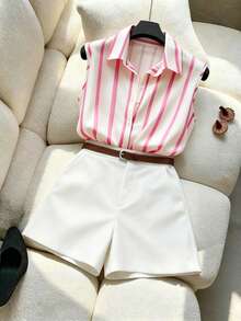 Blusa sin mangas a rayas + pantalones cortos sueltos y versátiles de moda, primavera/verano para mujer - Rosa - Ver 4