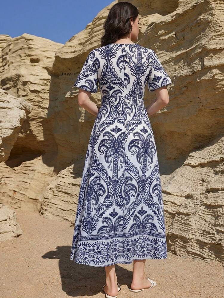 Women's Retro Printed Round Neck Short Sleeve Mid-Length Dress Sundress Boho