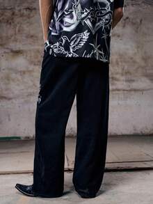 Skyrend Grunge Goth Y2K Style Men's Casual Loose Wide Leg Straight Versatile Embroidered Pattern Jeans, Fashionable Personalized Street Wear, Suitable For Work, Commute, Stage Performance, Hangout With Friends, Outdoor Wear - Black - View 2