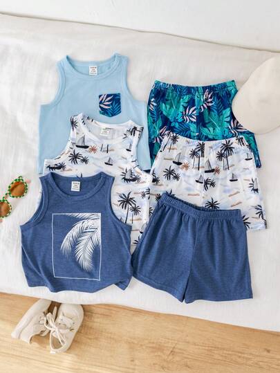 SHEIN Bộ 3 món đồ mặc nhà phong cách thường ngày in hình cây cỏ cho bé trai/bé gái, áo ba lỗ và quần short, quần áo mùa hè cho bé trai.