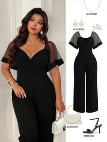 Femmeverse Plus Size Women's New Mesh Patchwork Jumpsuit, Slimming And Elegant - Black - View 1