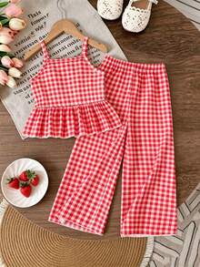 Elladie kids Bộ đồ thường ngày thời trang mới cho bé gái, áo tank top không tay phối cùng quần dài dệt kim kẻ caro, chất liệu mềm mại, dễ thương kiểu Hàn Quốc, thoải mái cho mặc hàng ngày, đi học, đi nghỉ mát, dự tiệc mùa xuân/hè. - Hồng - Xem 3