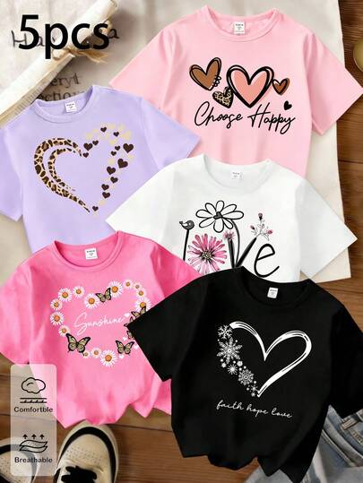 5件装女童春夏秋季休闲时尚创意个性清新简约彩色花卉镂空爱心豹纹装饰图案T恤，舒适日常穿着，适合夏季和秋季穿着。