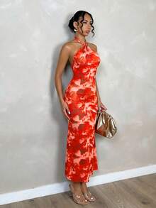 Allurite Đầm maxi dáng đuôi cá, cổ chữ V, hở lưng, in họa tiết tie-dye, thiết kế thắt nút xoắn, thích hợp cho đi làm hàng ngày, đi biển, dự tiệc riêng, hẹn hò buổi tối, lễ hội âm nhạc mùa hè - Họa tiết hoa ngẫu nhiên - Nhiều màu - Xem 7