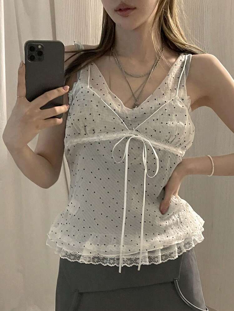 Polka Dot Splicing Casual Vacation Summer Sleeveless Top For Women