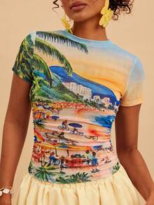SHEIN TRVLCHIC Áo thun nữ in họa tiết, co giãn, ôm sát - Nhiều màu - Xem 4