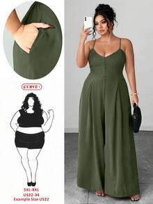 SHEIN CURVE+ 大码女士优雅褶裥腰部阔腿连体裤，春夏款 - 綠色 - 查看 3