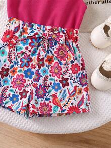 SHEIN Baby Girl Knitted Solid Color Patchwork Ditsy Floral Jumpsuit - Multicolor - View 4