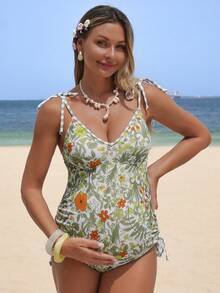 SHEIN Summer New White Boho Beach Holiday Graduation Women's Maternity One-Piece Swimsuit,Vintage Floral Paisley Print Bohemian Swimwear,Elegant Casual Y2K One-Piece Swimsuit - Multicolor - View 3