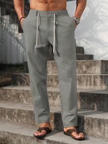VENTUSAIL Pantalones largos entubados de lino para hombre, cintura con cordón, color liso, frescos, para salir, otoño, vacaciones - Gris - Ver 5